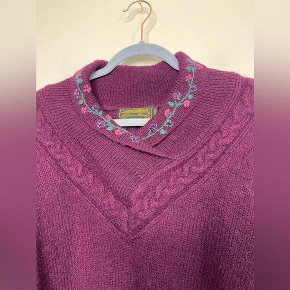 Eddie Bauer VTG Purple Shetland Wool Sweater Women's XS Embroider Shawl collar - Picture 2 of 8